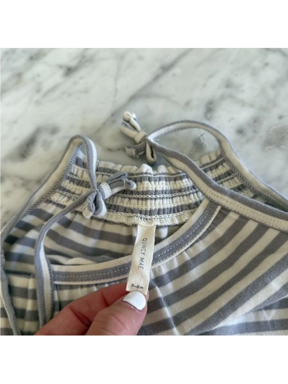 Quincy Mae Gray and White Striped Baby One-Piece Romper